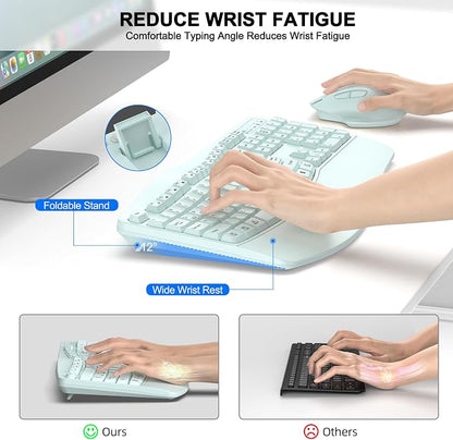 Wireless Keyboard and Mouse Combo, 2.4G Full Size Wave Keys Ergonomic Keyboard with Wrist Rest and 3-Level DPI Adjustable Wireless Ergonomic Mouse for Windows, Mac OS Desktop/Laptop/PC(Mint Green)