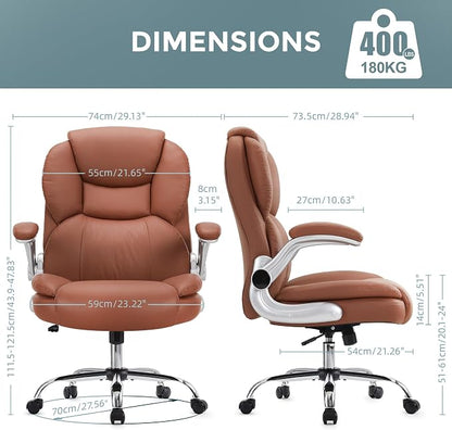 IWMH Executive Office Chair, Ergonomic Big and Tall Computer Desk Chair, High Back PU Leather Chair with Padded Flip-up Armrest, Lumbar Support Swivel Rolling Chairs Brown