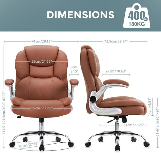 IWMH Executive Office Chair, Ergonomic Big and Tall Computer Desk Chair, High Back PU Leather Chair with Padded Flip-up Armrest, Lumbar Support Swivel Rolling Chairs Brown