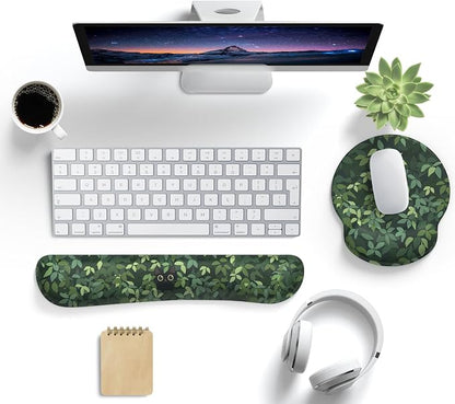 Cute Ergonomic Green Mouse Pad Cat Wrist Support,[ 20% Larger] Wrist Rest Gel Anime Kawaii 3D Green Office Plants Mouse Pads, Keyboards Silicon Wrist Pad,Pain Relief,Game Work Study Home Office.