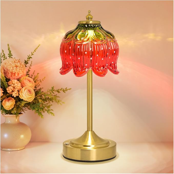 Cordless Lotus Flower Table Lamp, 5200mAh Rechargeable Battery Operated Portable Lamp, 3-Color Dimmable Touch Control Small Desk Lamp for Bedroom, Office, Kitchen, Nightstand,Room Decor (Strawberry)
