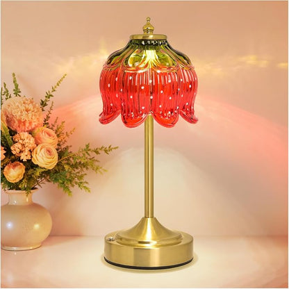 Cordless Lotus Flower Table Lamp, 5200mAh Rechargeable Battery Operated Portable Lamp, 3-Color Dimmable Touch Control Small Desk Lamp for Bedroom, Office, Kitchen, Nightstand,Room Decor (Strawberry)