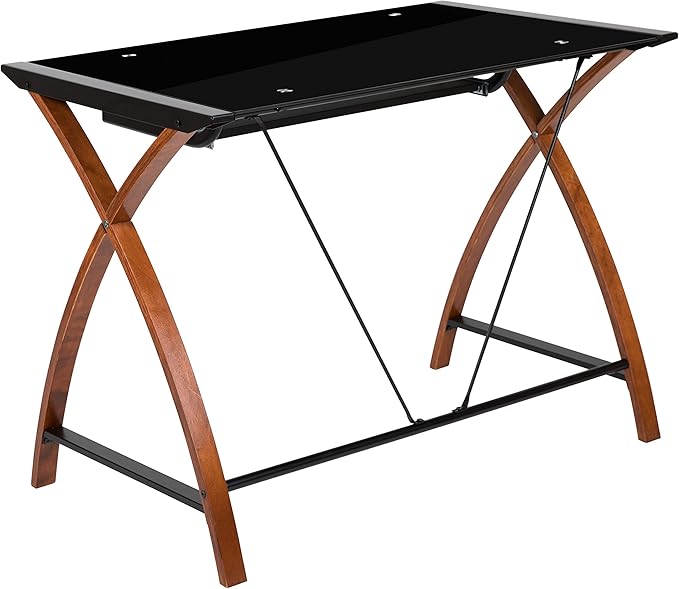 EMMA + OLIVER Black Glass Computer Desk with Pull-Out Keyboard Tray and Crisscross Frame