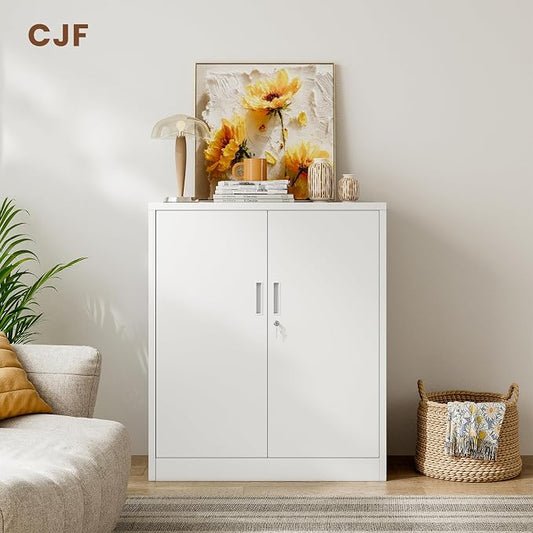 CJF Metal Storage Cabinet, 36" H Locking Storage Cabinet with Shelves and Doors for Home Office, Garage, Utility Room, Entryway(White)