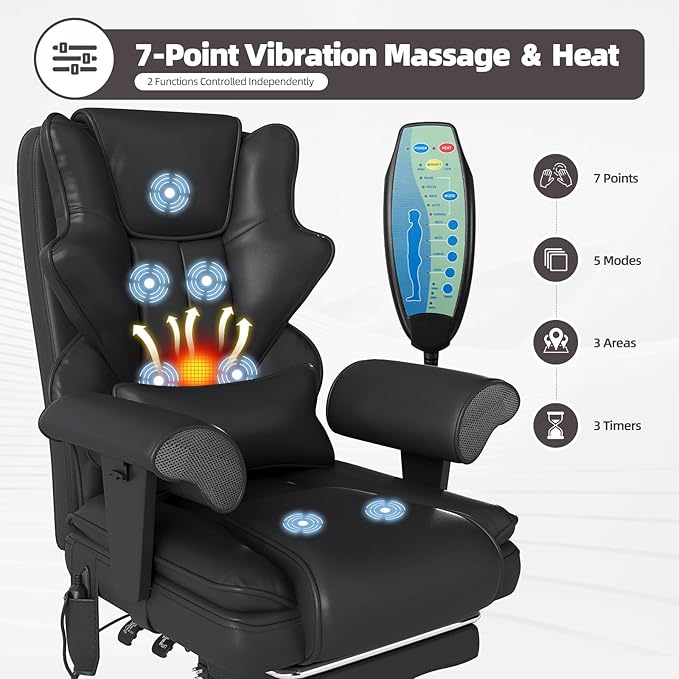 7-Point Massage Office Chair,Heated Desk Manageral Chair,Ergonomic Executive Chair with Footrest,Adjustable Armrest，Computer Chair for Offices, Study Room, Gaming Spaces,Black