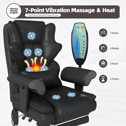7-Point Massage Office Chair,Heated Desk Manageral Chair,Ergonomic Executive Chair with Footrest,Adjustable Armrest，Computer Chair for Offices, Study Room, Gaming Spaces,Black