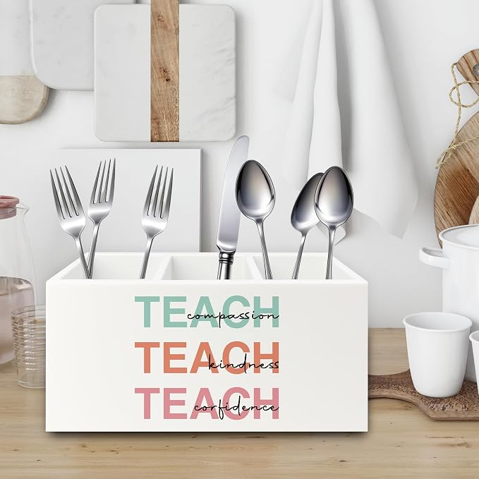 Teacher Pen Pencil Holder Organizer for Desk, Teacher Appreciation Gifts, Teach Compassion Kindness Confidence Wooden Box Sign for Classroom Office Workplace Desk Tabletop Decorations