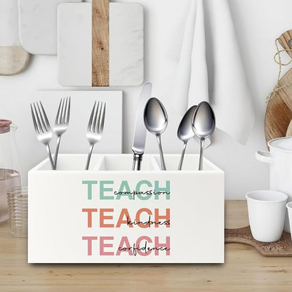 Teacher Pen Pencil Holder Organizer for Desk, Teacher Appreciation Gifts, Teach Compassion Kindness Confidence Wooden Box Sign for Classroom Office Workplace Desk Tabletop Decorations