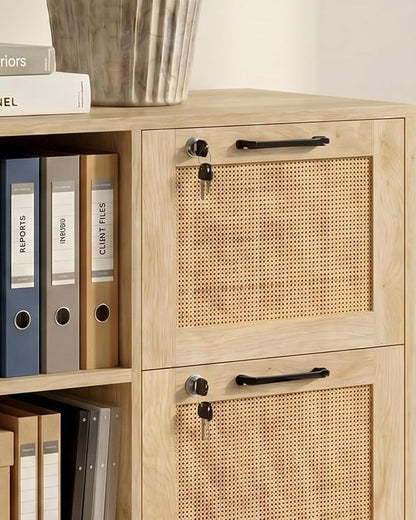 Lateral File Cabinets for Home Office, 2 Drawer and Doors Filing Cabinet with Lock, Wide Rattan Filing Organization Storage Cabinets with Printer Stand for Hanging Files/A4/F4 Size, Natural Wood