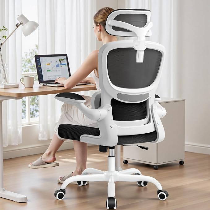 BESTFAIR High Back Ergonomic Office Chair, Breathable Mesh Desk Chair with Lumbar Support, Adjustable Headrest, Flip-up Armrests, Computer Gaming Chair, (White)