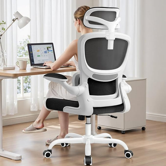 BESTFAIR High Back Ergonomic Office Chair, Breathable Mesh Desk Chair with Lumbar Support, Adjustable Headrest, Flip-up Armrests, Computer Gaming Chair, (White)