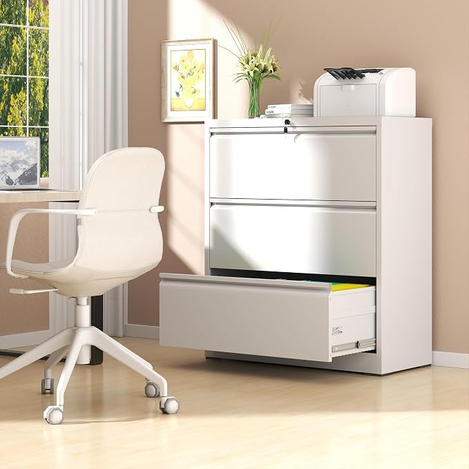 AQY 3 Drawer File Cabinet with Lock,Metal Lateral File Cabinets for Home Office,Steel Wide Filing Organization Storage Cabinets for Hanging Files Letter/Legal/F4/A4 Size Assembly Required(White)