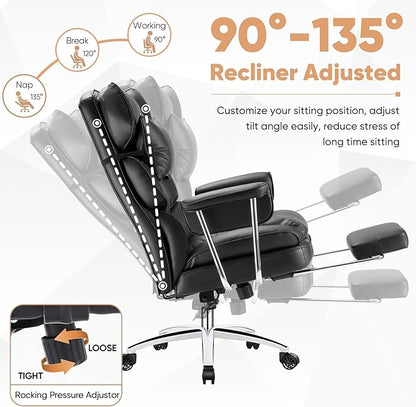 Sweetcrispy Home Office Desk Chair, Executive Ergonomic Big Tall High Back with Footrest & Lumbar Support, Reclining Height Adjustable, Comfy PU Leather Computer Gaming with Swivel Wheels, Black