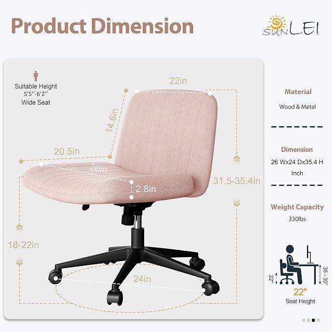 SUNLEI Cross Legged Office Chair with Wheels, Armless Wide Chair's for Vanity Desk, Criss Cross Comfy Chairs with Back, Desk Chair/s of Height Adjustable Swivel, Pink