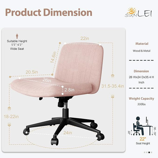 SUNLEI Cross Legged Office Chair with Wheels, Armless Wide Chair's for Vanity Desk, Criss Cross Comfy Chairs with Back, Desk Chair/s of Height Adjustable Swivel, Pink