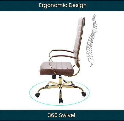 LeisureMod Modern High-Back Leather Office Chair - Swivel & Adjustable Executive Desk Chair with Gold Frame, Ergonomic Design for Home & Office (Brown, Single)