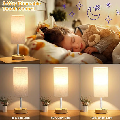 Dicoool Touch Bedside Table Lamp with USB - 3 Way Dimmable Wood Lamp for Bedroom Nightstand, Desk Lamp with Charging Station for Dorm, Living Room, Office, Kids Room, Small, 14in
