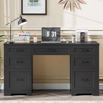 Vabches Farmhouse 61'' Executive Desk with 7 Drawers, Rustic Office Desk Computer Table with File Drawers, Wood Workstation for Study and Home Office,Pure Black