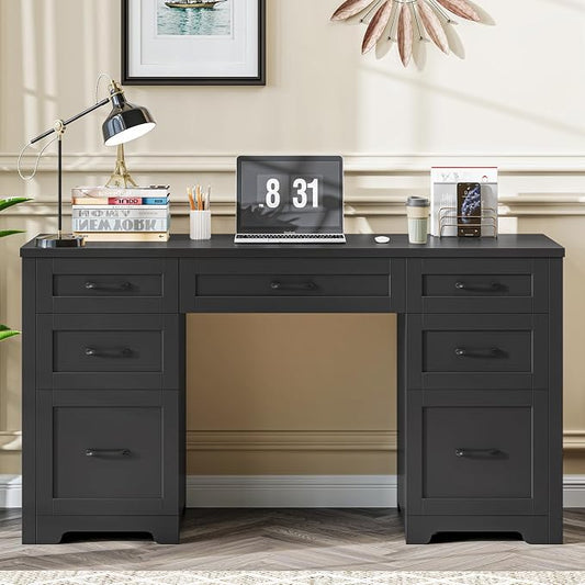 Vabches Farmhouse 61'' Executive Desk with 7 Drawers, Rustic Office Desk Computer Table with File Drawers, Wood Workstation for Study and Home Office,Pure Black