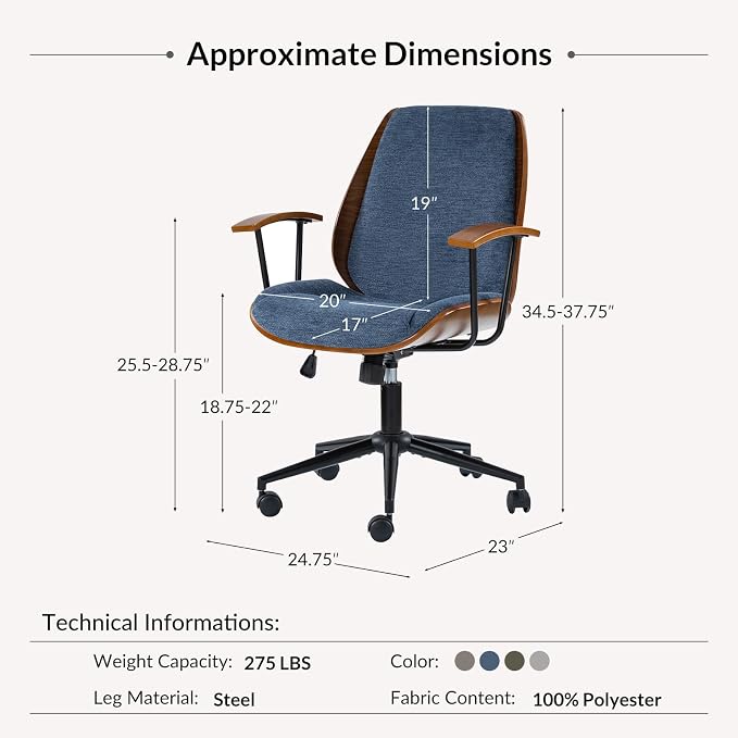Modern Ergonomic Office Chair with Wood Frame & Metal Base, Swivel Home Office Desk Chairs with Adjustable Height, Comfy Upholstered Computer Chair, Navy