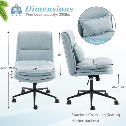 VINGLI Cloud Criss Cross Legged Chair,18" High Back Armless Home Office Desk Chair with Wheels,Wide Adjustable Comfy Padded Seat Task Computer Chair,Modern Swivel Makeup Vanity Chair,Fabric,Blue
