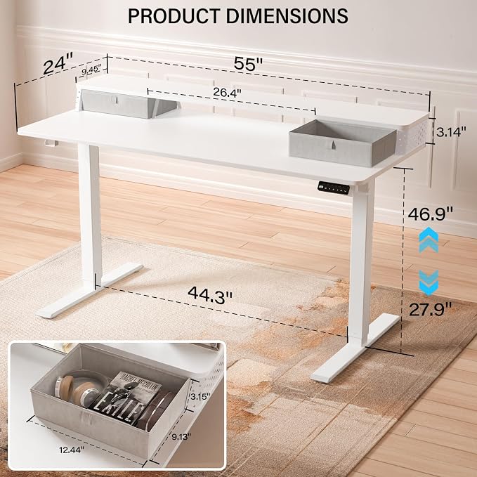 Electric Standing Desk with Two Drawers,55 x 24 Inch Sit Stand Desk Adjustable Height, Stand Up Desk with Storage Shelf, Computer Workstation for Home Office, White