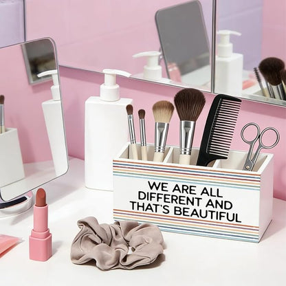 Classroom Pen Pencil Holder for Desk, Inspirational We Are All Different and That's Beautiful Wooden Box Sign Decorations for Kids Room Bedroom Playroom Classroom Desk Tabletop