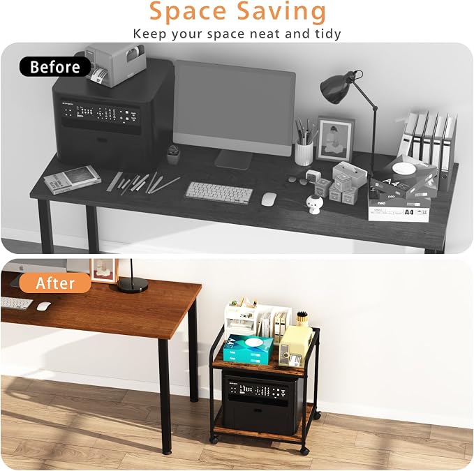 21"x15.8" Large Printer Stand with Storage, 2-Tier Under Desk Printer Table, Rolling Printer Cart with Lockable Wheels for Home, Office (Brown)
