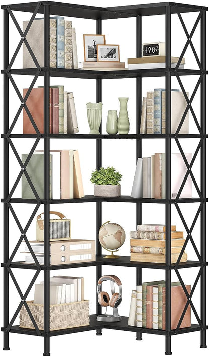 HOOBRO Corner Bookshelf, 6-Tier L-Shaped Bookcase, Industrial Open Display Shelf Tall Storage Organizer, Vertical Storage Rack, for Living Room, Home Office, Black BB61SJ01
