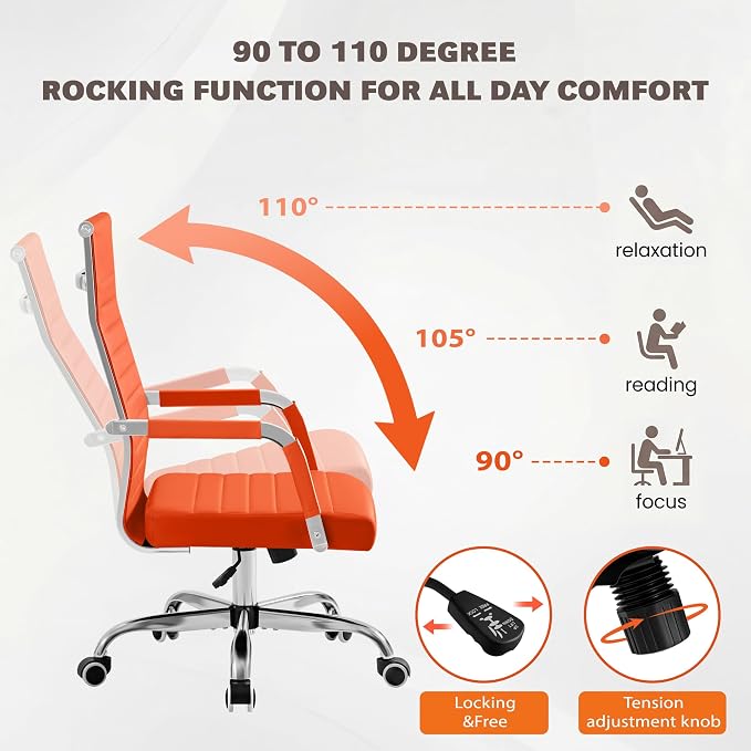 Furmax Ergonomic Office Desk Chair, Executive Ribbed Mid-Back PU Leather Conference Room Chair Adjustable Swivel Chair with Arms (4, Orange)