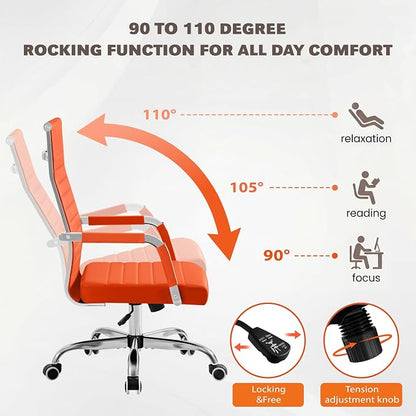 Furmax Ergonomic Office Desk Chair, Executive Ribbed Mid-Back PU Leather Conference Room Chair Adjustable Swivel Chair with Arms (4, Orange)