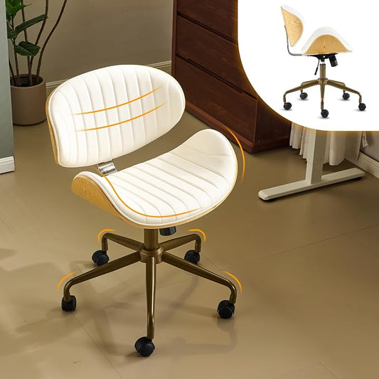 VINGLI Wide Comfotable Swivel Home Office Chair with Wood-Grain Curved Shell,Ergomomic Mid-Back Padded Armless Rolling Desk Chair with Wheels,Height Adjustable for Computer,Task,Work,PU Leather,White