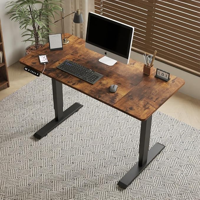 Height Adjustable Electric Standing Desk, 55x24 Height Stand Up Computer Desk,Sit and Stand Home Office Desk with Splice Board (Rustic Brown Top, Black Frame)