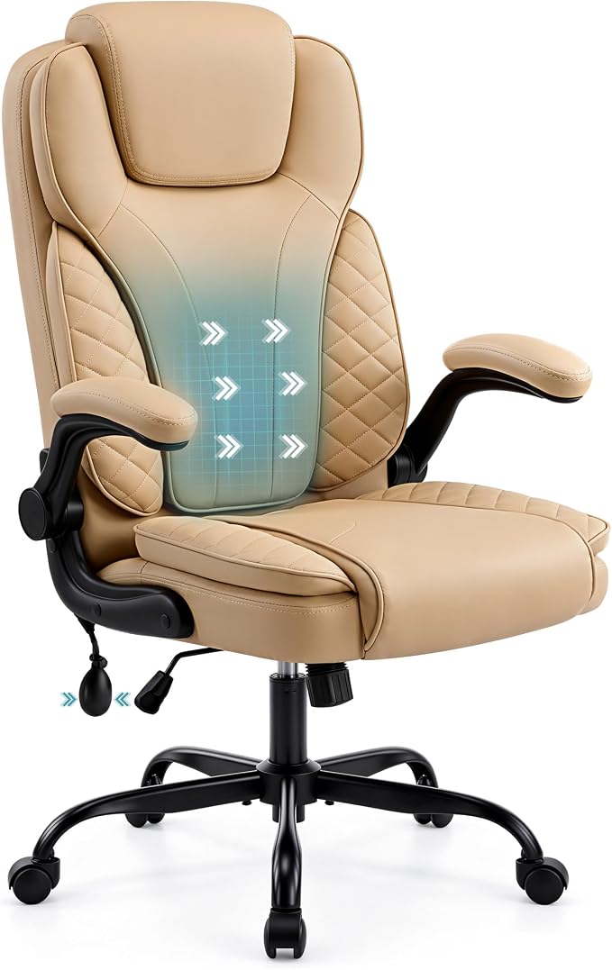 Ergonomic Office Chair, PU Leather High Back Executive Chair with Adjustable Inflatable Lumbar Support and Padded Flip-Up Arms, Recline Swivel Task Computer Chair for Home Office, Khaki