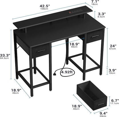 Furnify Black Computer Desk with Drawers, 42 Inch Home Office Desk Study Writing Table, Gaming Desk with USB Power Outlets, Office Desk with Fabric Drawer, Work Table with Shelf for Bedroom, Black