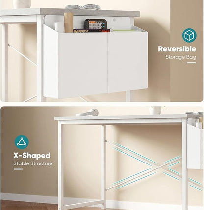 OLIXIS Computer Desk, 44 Inch Home Office Desks for Small Spaces, Writing Craft Study Gaming Table for Bedroom, Modern Computer Workstation with Storage Bag and Headphone Hook, White