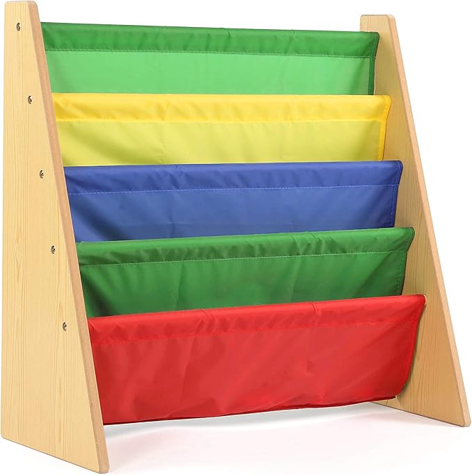 Humble Crew Kids Bookshelf, 4-Tier Front-Facing Book Display Organizer, Montessori Toddler Bookcase for Playroom, Bedroom & Reading Corner, Natural Wood/Primary