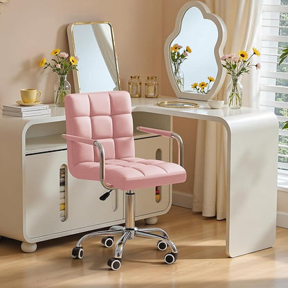 Furmax Mid-Back Office Task Chair Ribbed PU Leather Executive Chair Modern Adjustable Home Desk Retro Comfortable Work Chair 360 Degree Swivel with Arms (Light Pink)