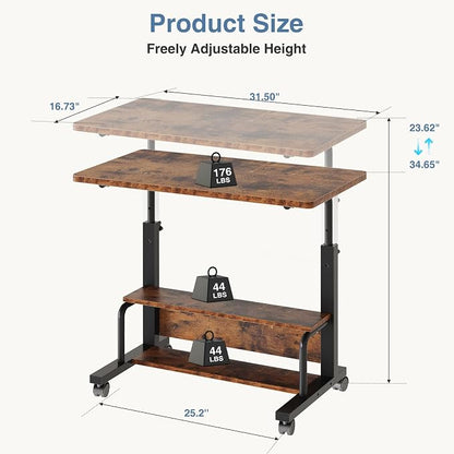 DUMOS 31.5" Mobile Rolling Desk with 2-Tier Storage Shelves, Height Adjustable Computer Desks on Wheels, Portable Rolling Laptop Table for Small Spaces & Home Office Rustic Brown
