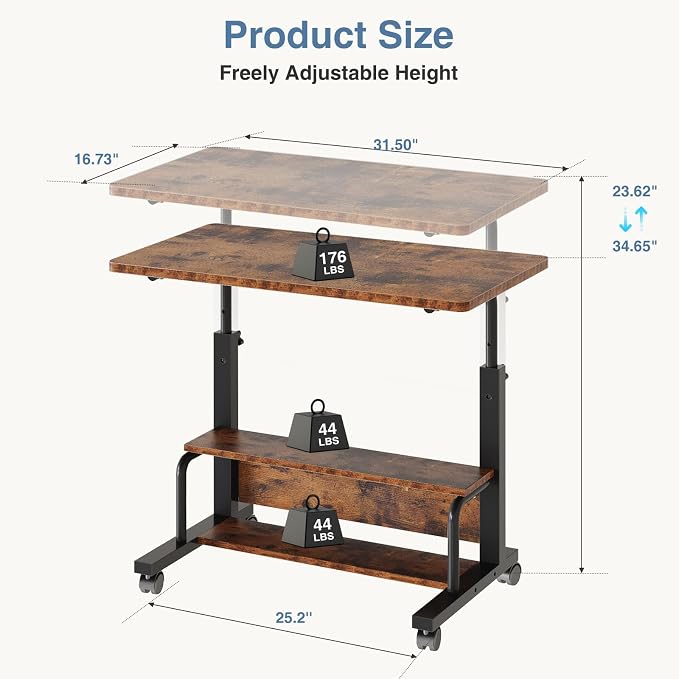 DUMOS 31.5" Mobile Rolling Desk with 2-Tier Storage Shelves, Height Adjustable Computer Desks on Wheels, Portable Rolling Laptop Table for Small Spaces & Home Office, Rustic Brown