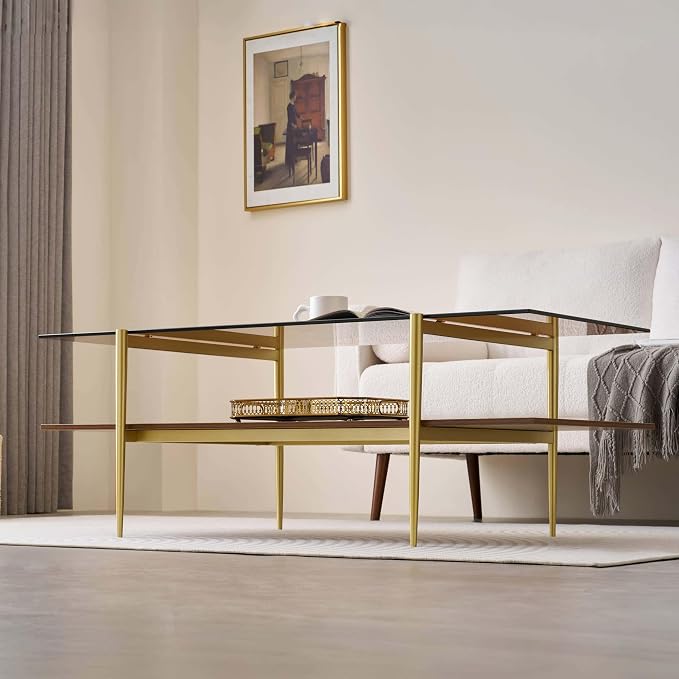 LumFurn Extra Large Rectangle Glass Coffee Table, Mid-Century Modern Design for Living Room, L47 x W24 x H17, Amber Glass Top and Walnut MDF Shelf, Sleek Conical Metal Legs with Gold Finish