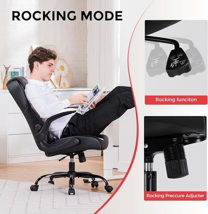 COMHOMA Office Computer Gaming Chair Ergonomic Desk Chair for Adults with Lumbar Support Flip-Up Arms Adjustable Height Swivel Wheels PU Leather Executive Design for Short People Use, White