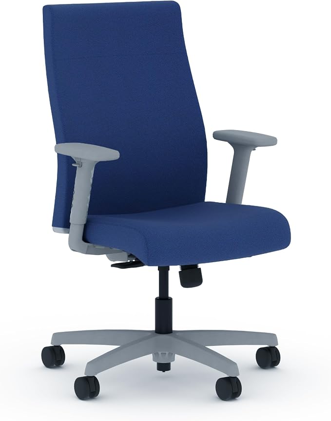 HON Ignition 2.0 Ergonomic Office Chair with Adjustable Arms, Standard Synchro‑Tilt Recline, Upholstered Desk and Computer Chair for Home Office or Workstation, Titanium Frame, Indigo