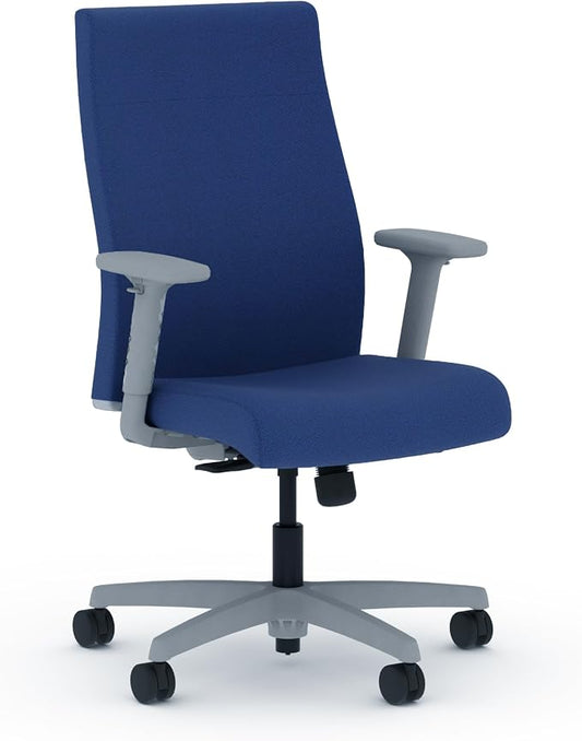 HON Ignition 2.0 Ergonomic Office Chair with Adjustable Arms, Standard Synchro‑Tilt Recline, Upholstered Desk and Computer Chair for Home Office or Workstation, Titanium Frame, Indigo