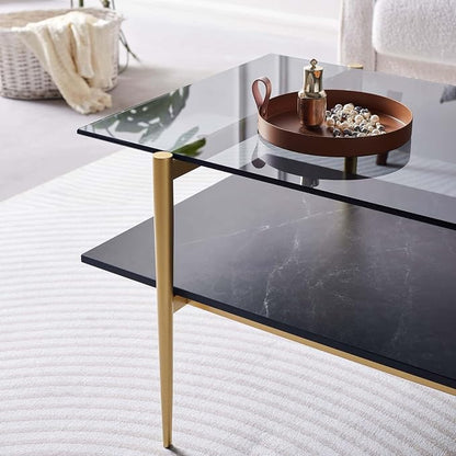 LumFurn Rectangle Coffee Table for Living Room, Mid-Century Modern Design, L41 x W21 x H17, 2-Tier Structure, Clear Glass Top and Black Marble Wood Shelf, Conical Metal Legs with Gold Finish