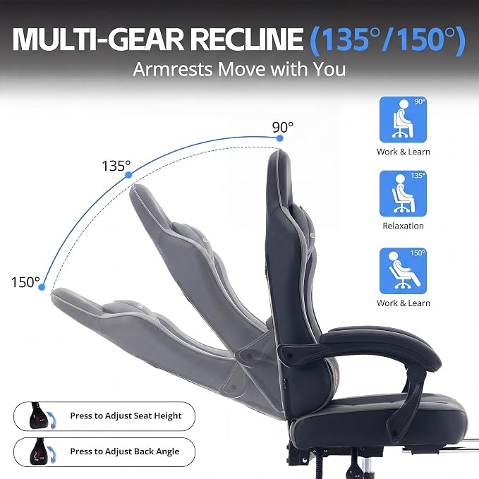 Desk Computer Gaming Chair - High Back Ergonomic Office Chair with Footrest and Lumbar Support, Swivel Comfy Home Gamer Video Game Chairs with Pocket Spring Cushion for Adults (Grey Leather)