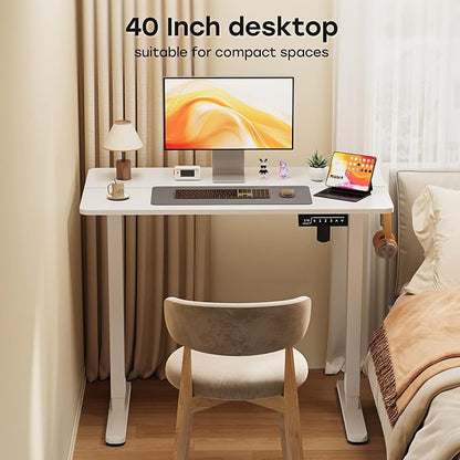 Small Electric Standing Desk, 40" ×20" White Standing Table, Height Adjustable Compact Sit Stand Desk with Splice Board, Home Office Table with 2 Hooks