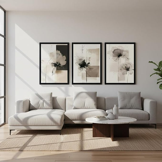 Neutral Abstract Floral Wall Art Black Framed Modern Large Minimalist Canvas Wall Decor Contemporary Beige Black Flower Posters Prints Picture for Living Room Bedroom Bathroom Office 16x24 In