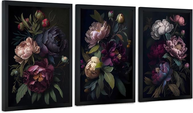 ICHZUMW Moody Peony Floral Canvas Wall Art Set of 3, Black Wood Framed Dark Academia Gothic Botanical Wall Decor, Ready to Hang Fade‑Resistant Flower Pictures for Bedroom Living Room Bathroom, 16×24in