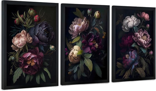 ICHZUMW Moody Peony Floral Canvas Wall Art Set of 3, Black Wood Framed Dark Academia Gothic Botanical Wall Decor, Ready to Hang Fade‑Resistant Flower Pictures for Bedroom Living Room Bathroom, 16×24in